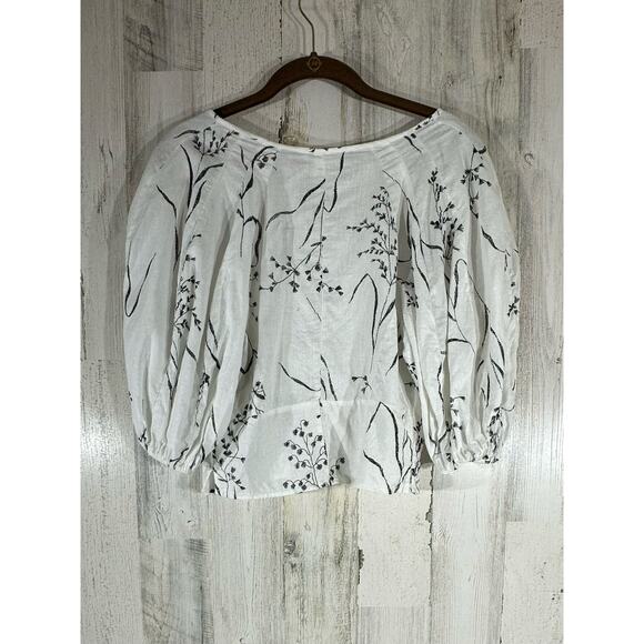 H&M Crop Top Size XS White Floral Deep Vneck Balloon Sleeves Linen Blend - Picture 2 of 9